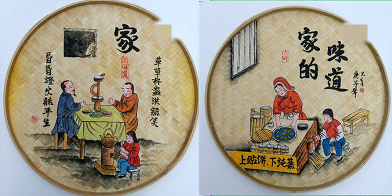 竹编画 手绘圆簸箕画竹编农家乐装饰米筛墙壁创意火锅饭店餐厅竹制品