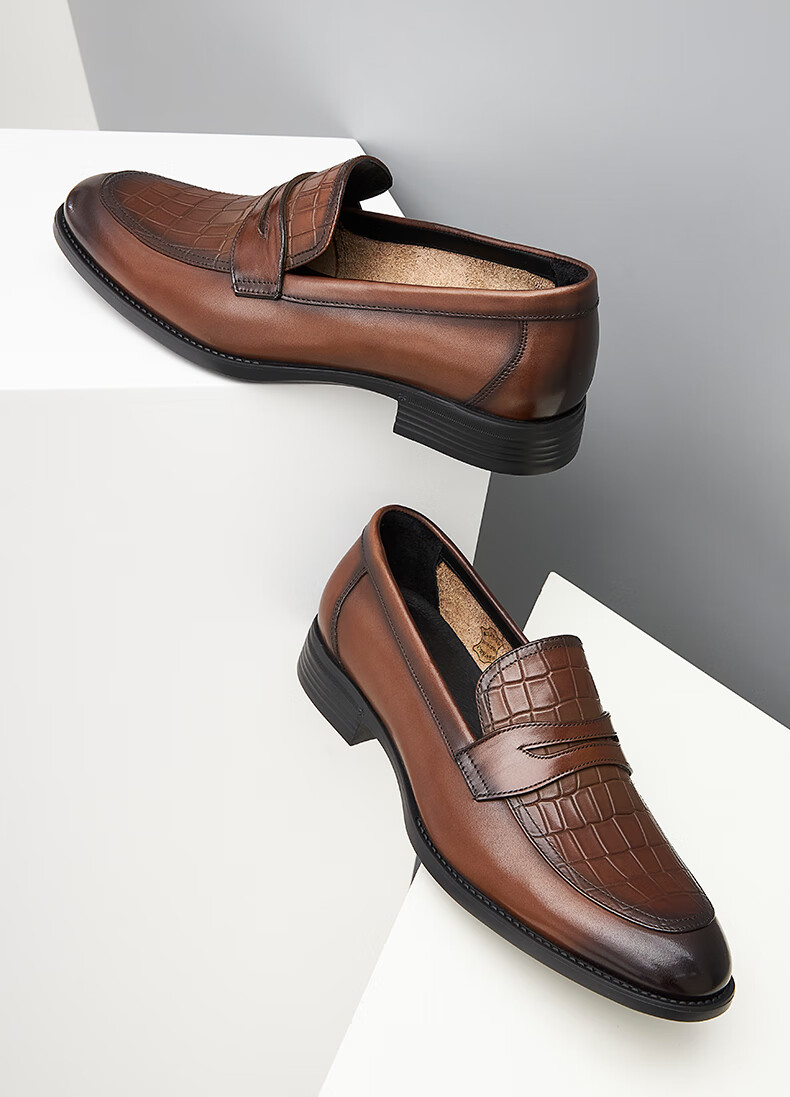 皮尔卡丹男鞋22春夏新款商务正装鳄鱼纹牛皮超轻底套脚单层皮单里透气