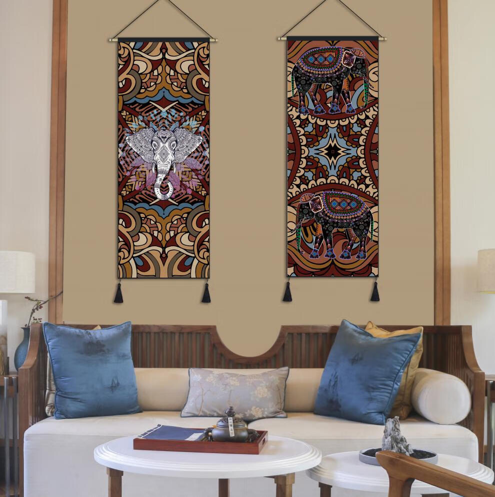白萱民宿客栈布艺挂画民族花纹大象装饰布画卧室客房墙壁壁画挂布1宽