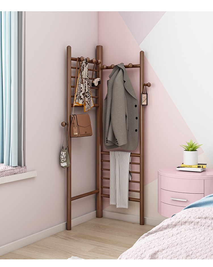 转角衣帽架落地简易三角墙角卧室挂包架创意多功能家用楠竹挂衣架原色