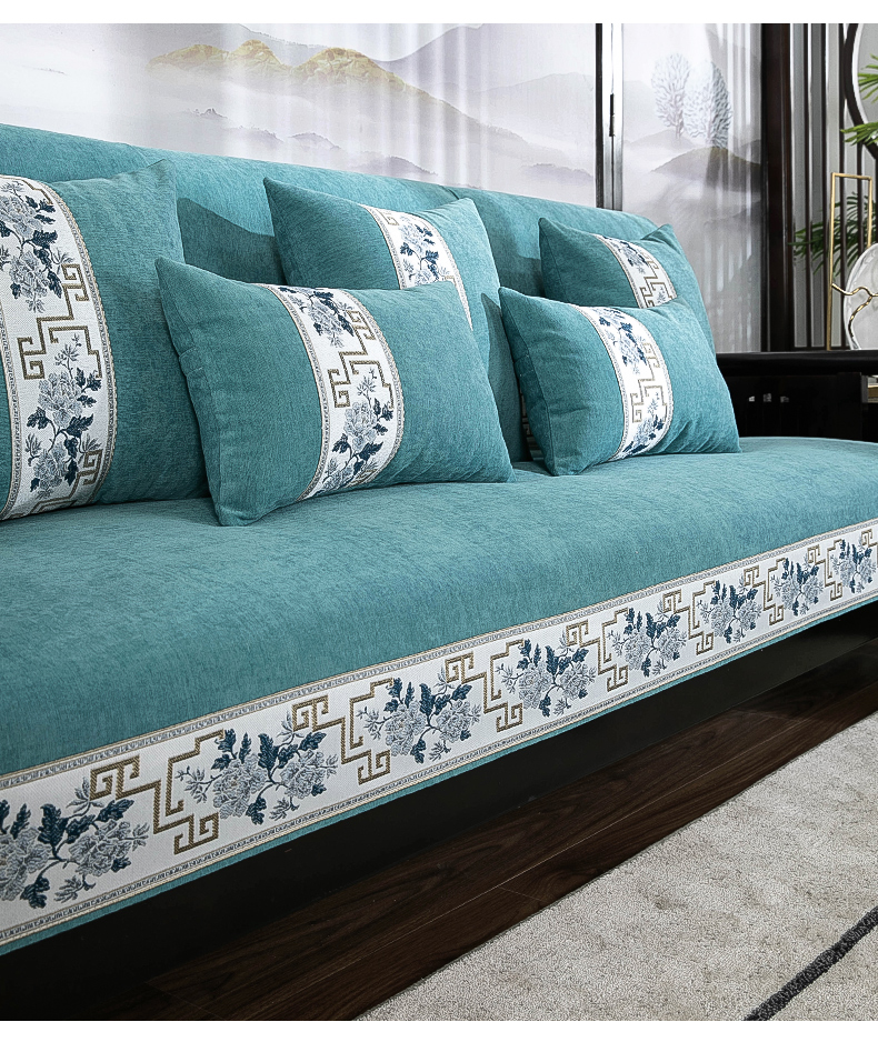 新中式实木沙发垫雪尼尔四季通用防滑坐垫国风沙发套罩盖布巾芳华浅灰