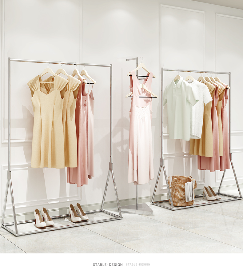 服装店展示架落地式简约女装店货架上墙挂衣架银色轻奢挂衣杆 落地侧