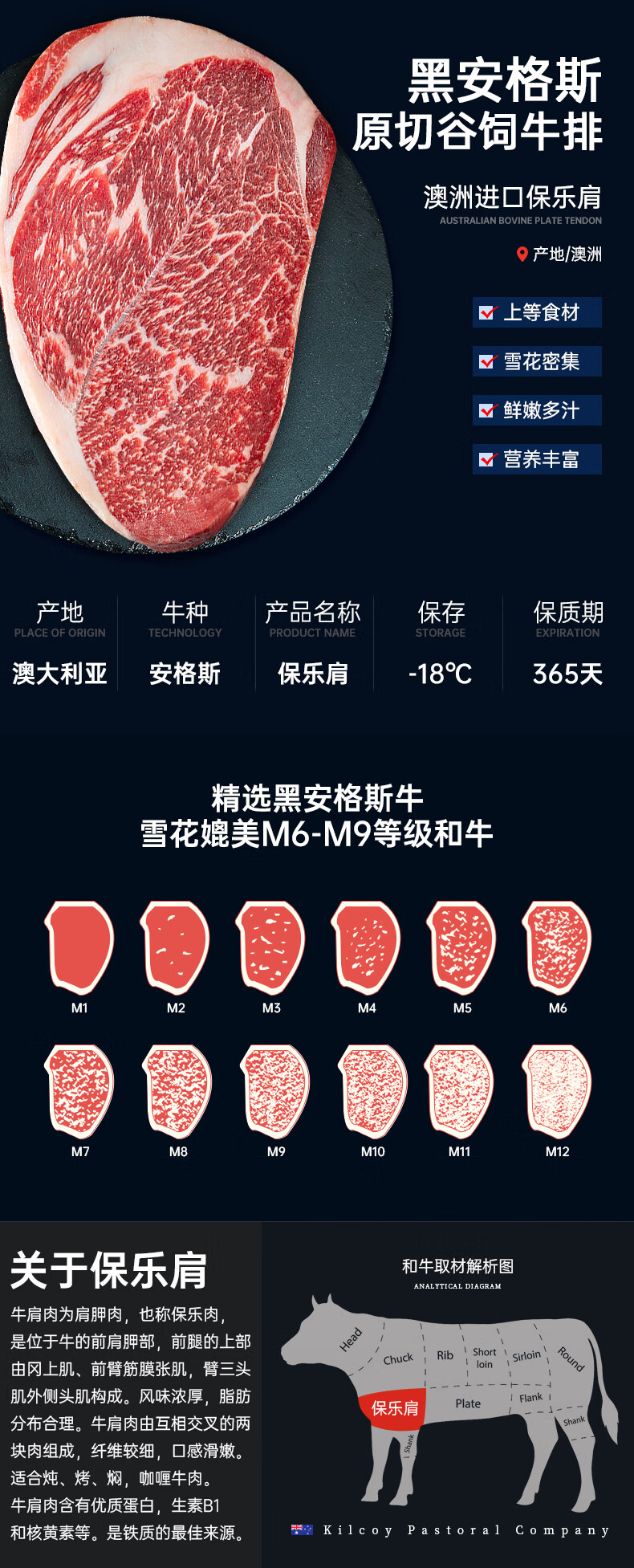 澳洲黑安格斯谷饲保乐肩原切牛排新鲜牛肉雪花媲美m6-m9和牛【无赠品