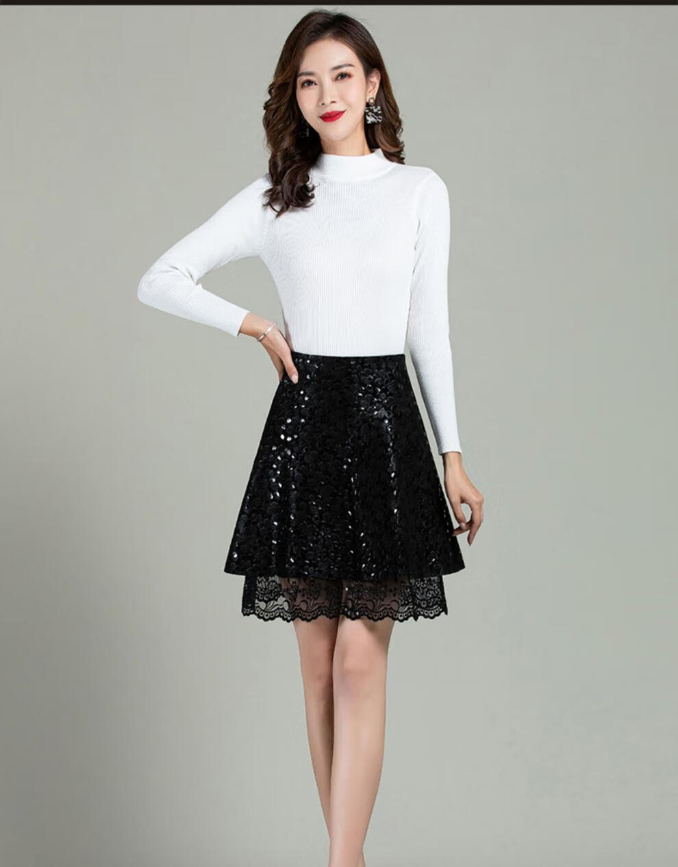 雷丝半身裙冬女蓄丝群皮裙秋伞裙大码高腰a字百褶皮短裙 黑花 l