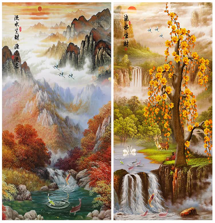 中式入户玄关画山水画流水生财门厅迎门墙过道壁画竖版走廊挂画 3