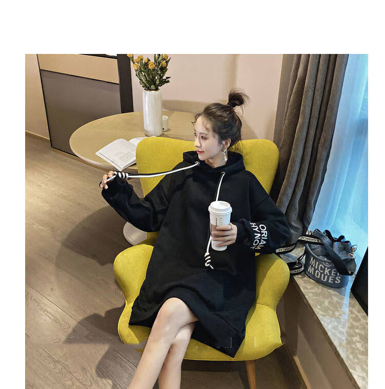 尼克龙 衣服女秋天的新款小个子穿的卫衣女中长款春秋款加绒加厚中长