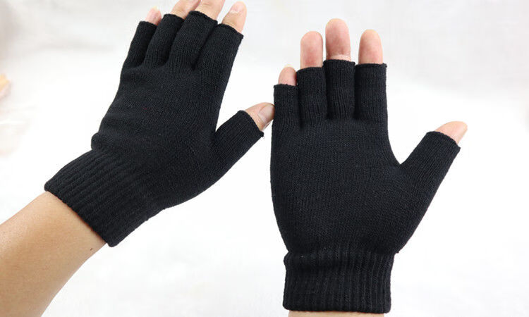 秋冬季半指手套男女成人通用露指手套毛线针织加厚保暖写字黑色半指1