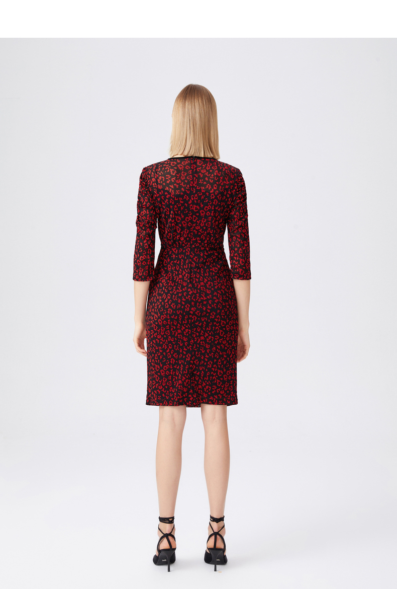 juzui玖姿官方春季新款圆领修身碎花时尚中长女连衣裙花大红m