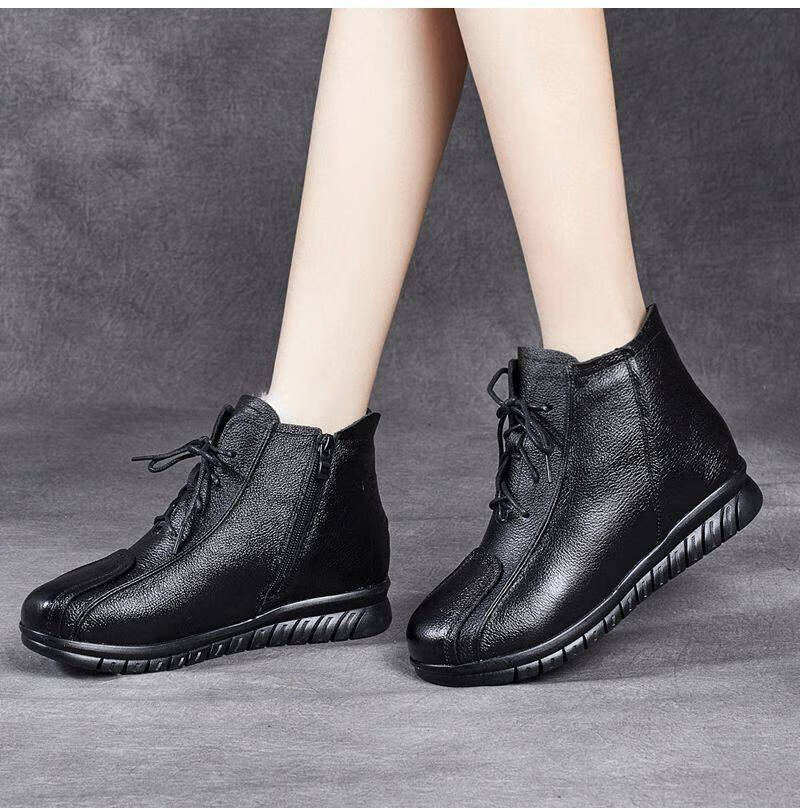 冬季软皮女棉鞋保暖加绒加厚妈妈鞋平底防滑老人棉皮鞋厚毛女短靴黑色