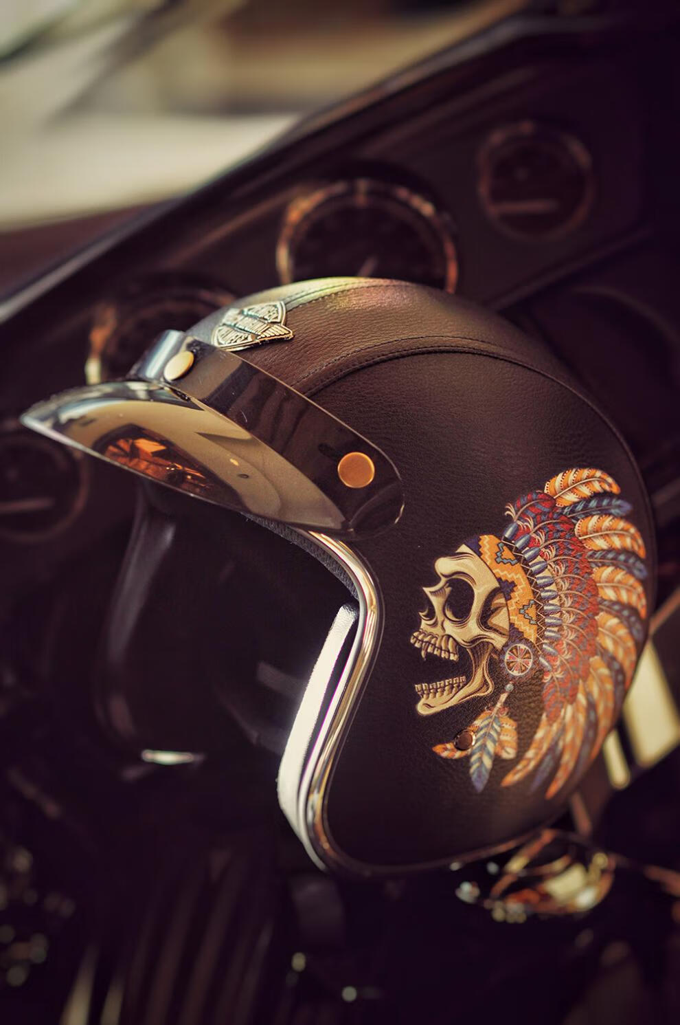 适用于彩绘印花骷髅复古哈雷头盔摩托车太子机车皮盔个性酷男女大头