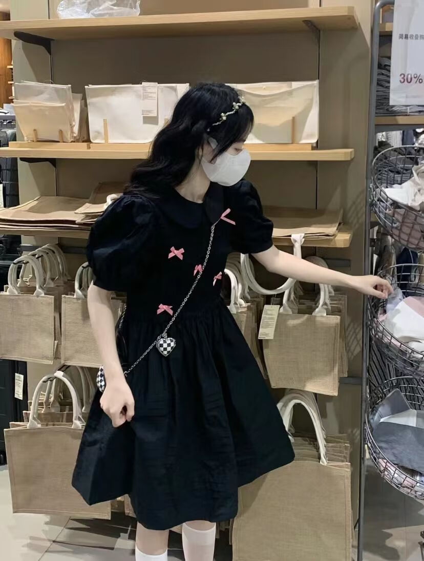裙子纯欲风学生党韩版时尚复古气质甜美蝴蝶结娃娃领连衣裙女学生夏季