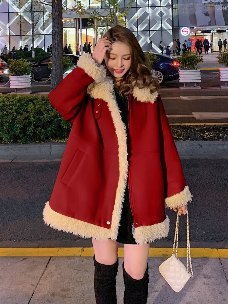红色毛绒羊羔毛外套女2020年冬季宽松ins港风棉衣棉服潮预售cll 红色