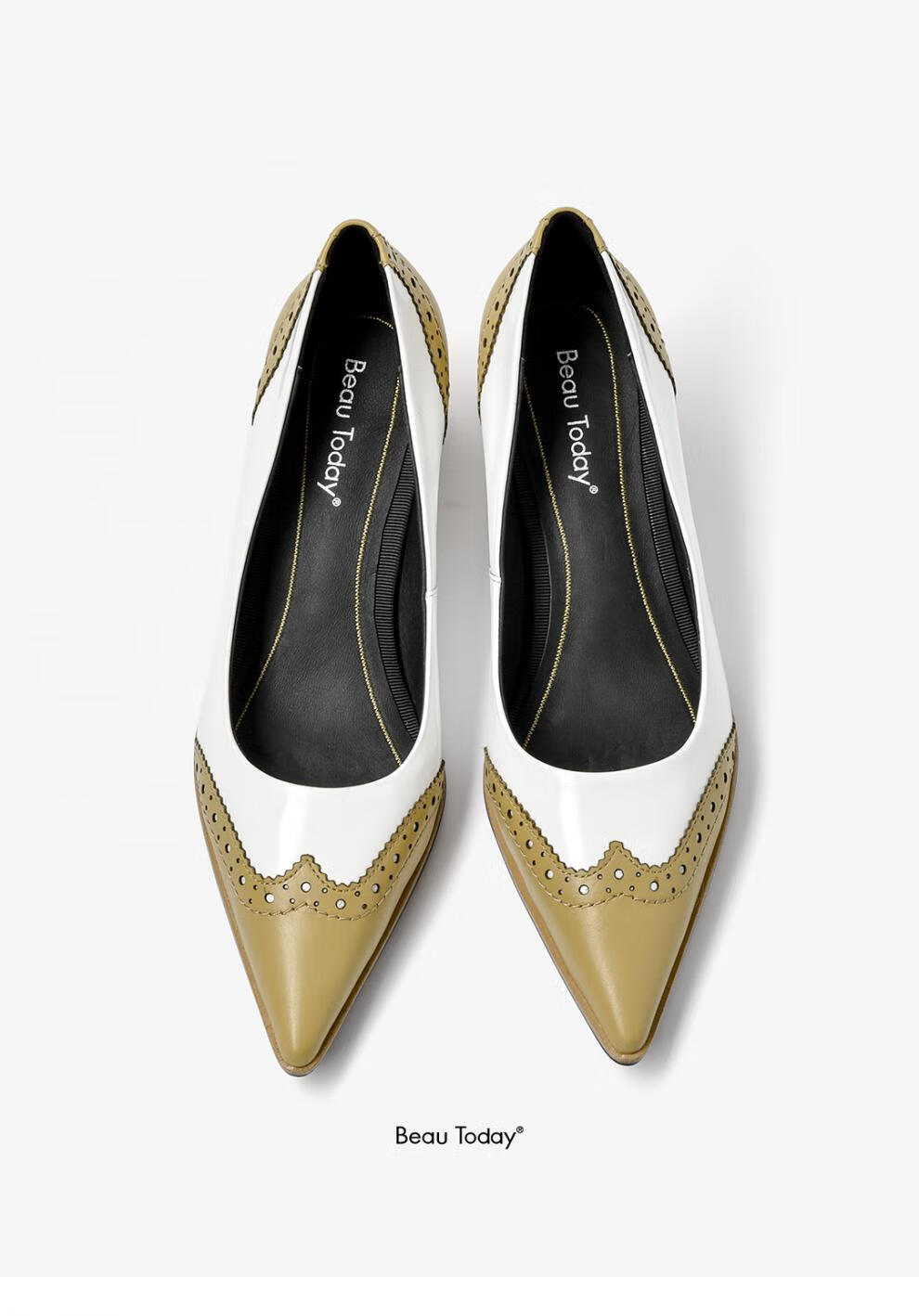 beautoday2020秋季新款尖头布洛克单鞋女鞋浅口粗跟英伦风高跟鞋 黑粉