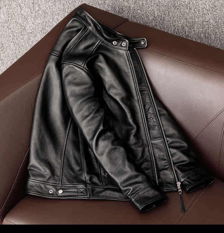 纯头层软牛皮真皮皮衣男修身立领皮夹克外套 黑色加棉 s【图片 价格