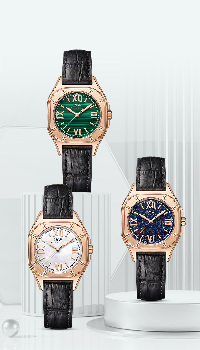 爱沃驰iw手表女士小众轻奢手镯腕表品牌时尚潮流石英表孔雀石绿盘黑皮