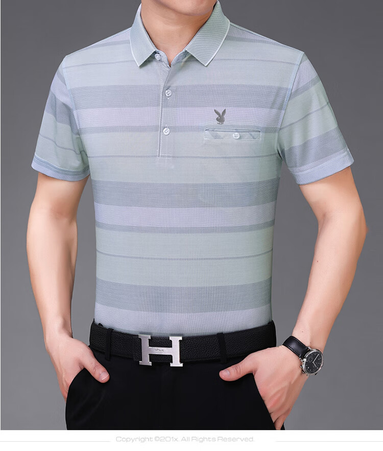 男士桑蚕丝短袖t恤中老年大码休闲翻领冰丝t恤爸爸装 5288-浅绿 品牌