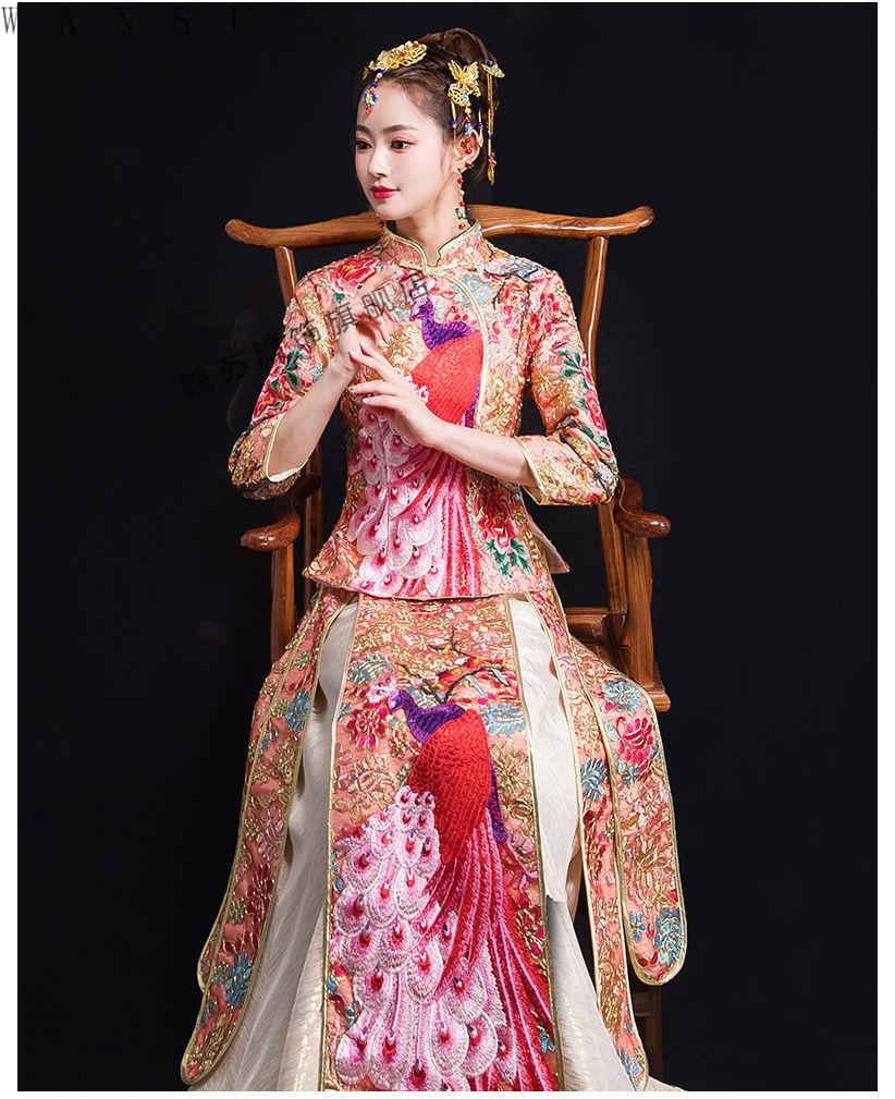 新娘女中式婚纱敬酒服古典礼服刺绣龙凤褂婚礼结婚出嫁回门 孔雀开屏