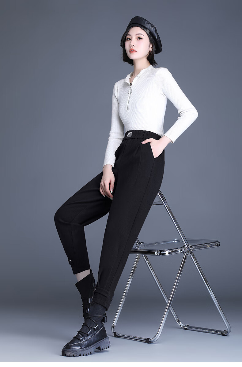 雅鹿自由自在裤装女毛呢哈伦裤女冬2021新款时尚萝卜装呢子长裤子女