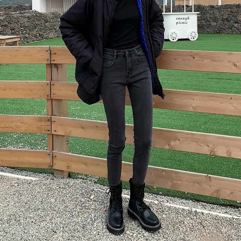 女装新款黑色破洞牛仔裤女2021秋装新款高腰韩版弹力裤子女学生九分