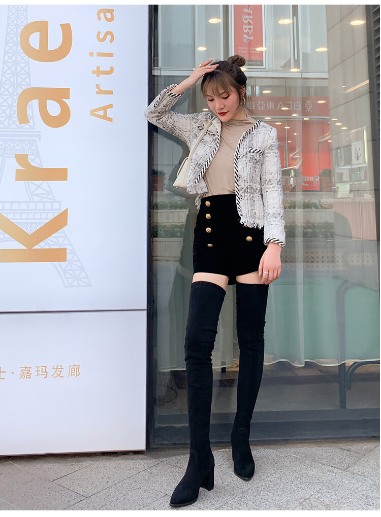 长筒靴女腿粗过膝70厘米超长长靴高跟到大腿根高筒靴粗跟尖头 筒口有