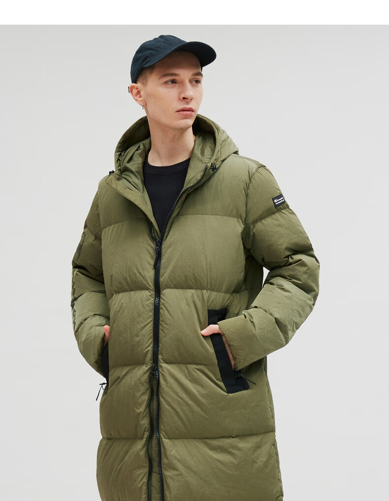 champion2020秋冬新款男式长款纯色连帽羽绒服拉链外套 橄榄绿 s