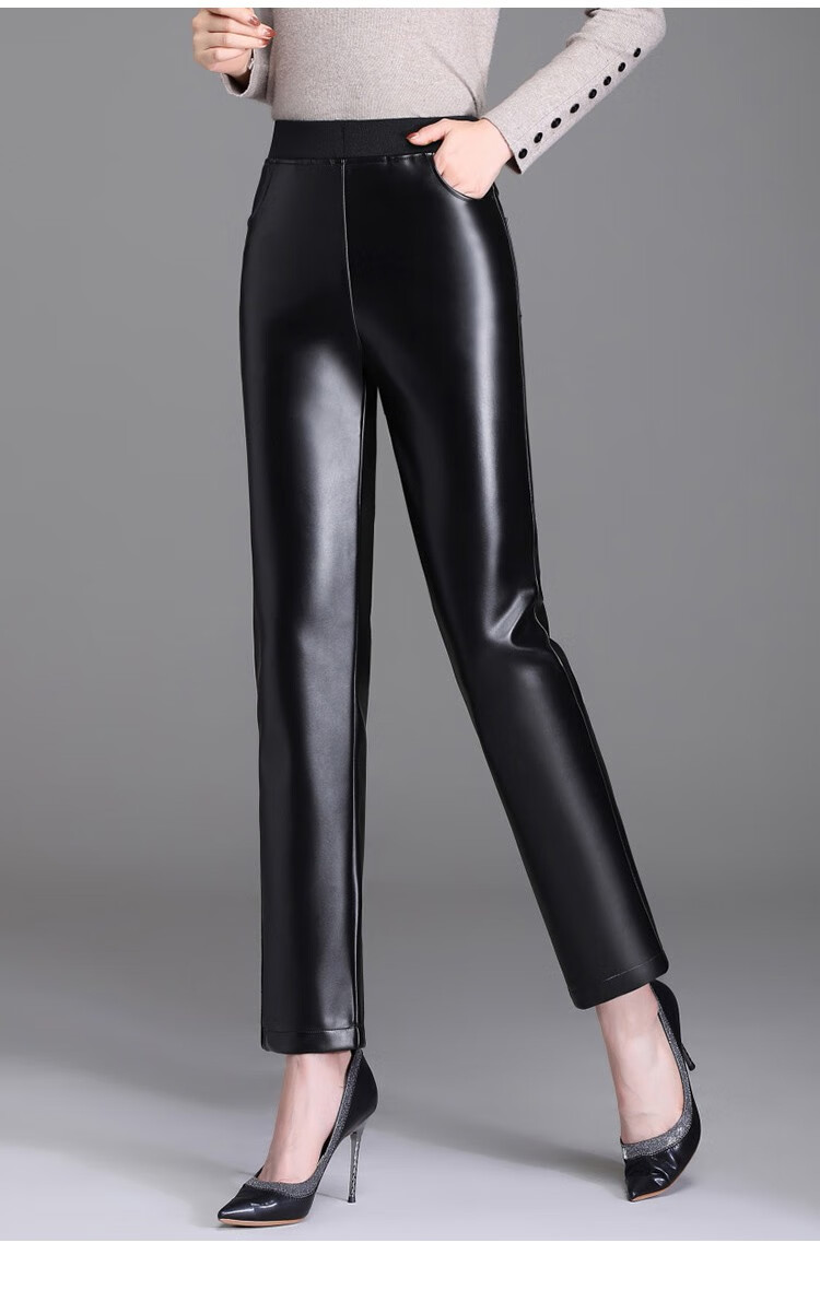 60中老年皮直筒皮裤女妈妈裤女皮裤外穿高腰宽松女士长裤子加绒加厚