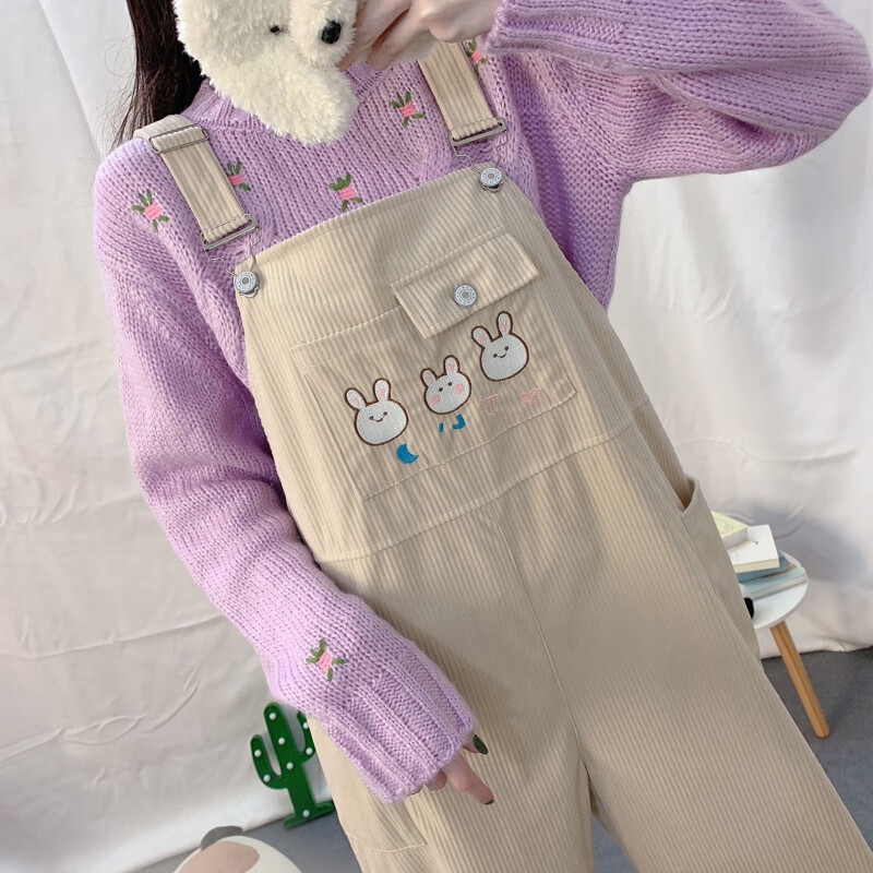 初中女生夏天背带裤可爱少女中学生春夏季吊带裤日系刺绣裤子女休闲裤