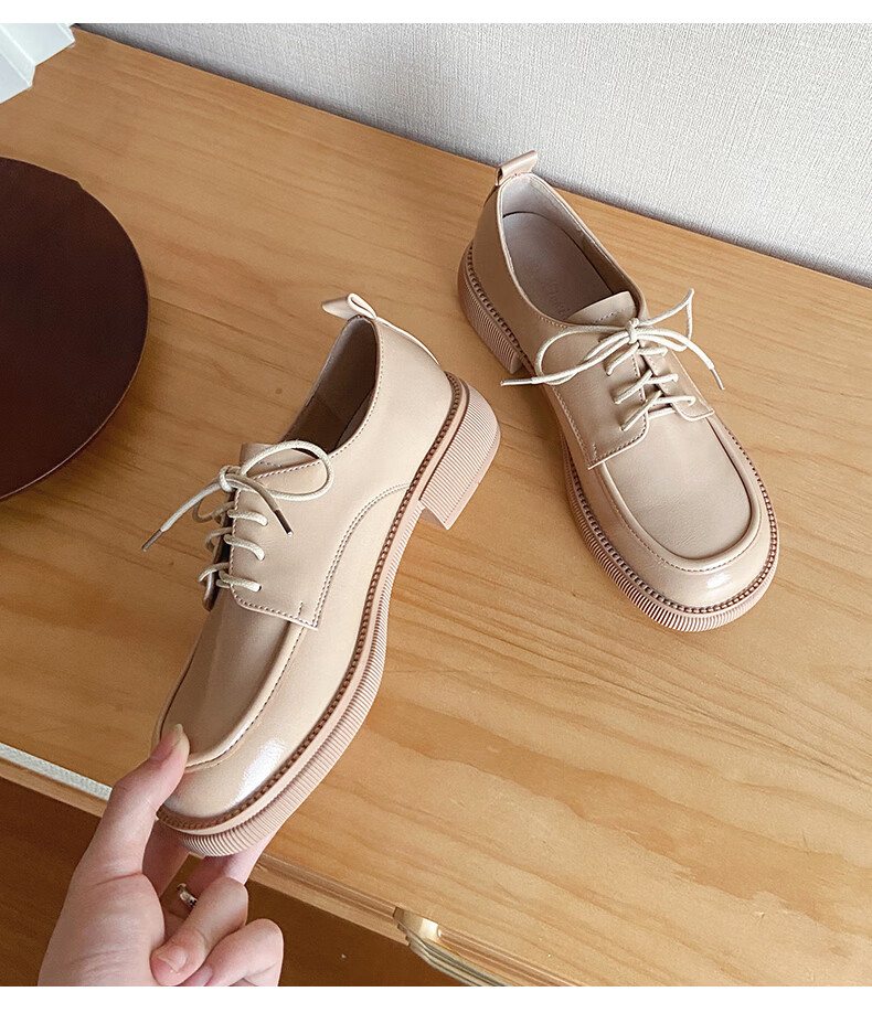 拉夏贝尔(la chapelle)鞋子女生黑色英伦风系带圆头小皮鞋女职业平底