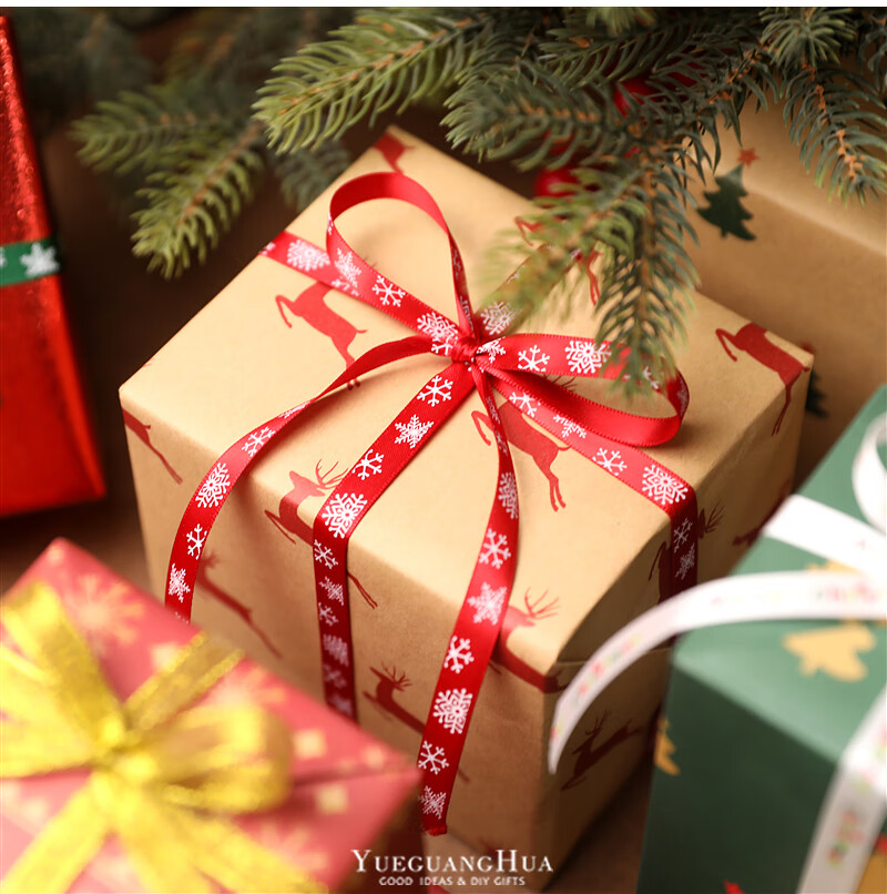带新年礼物绳雪花圣诞老人印花蝴蝶结红绿色礼品盒绑带1绿色雪花24