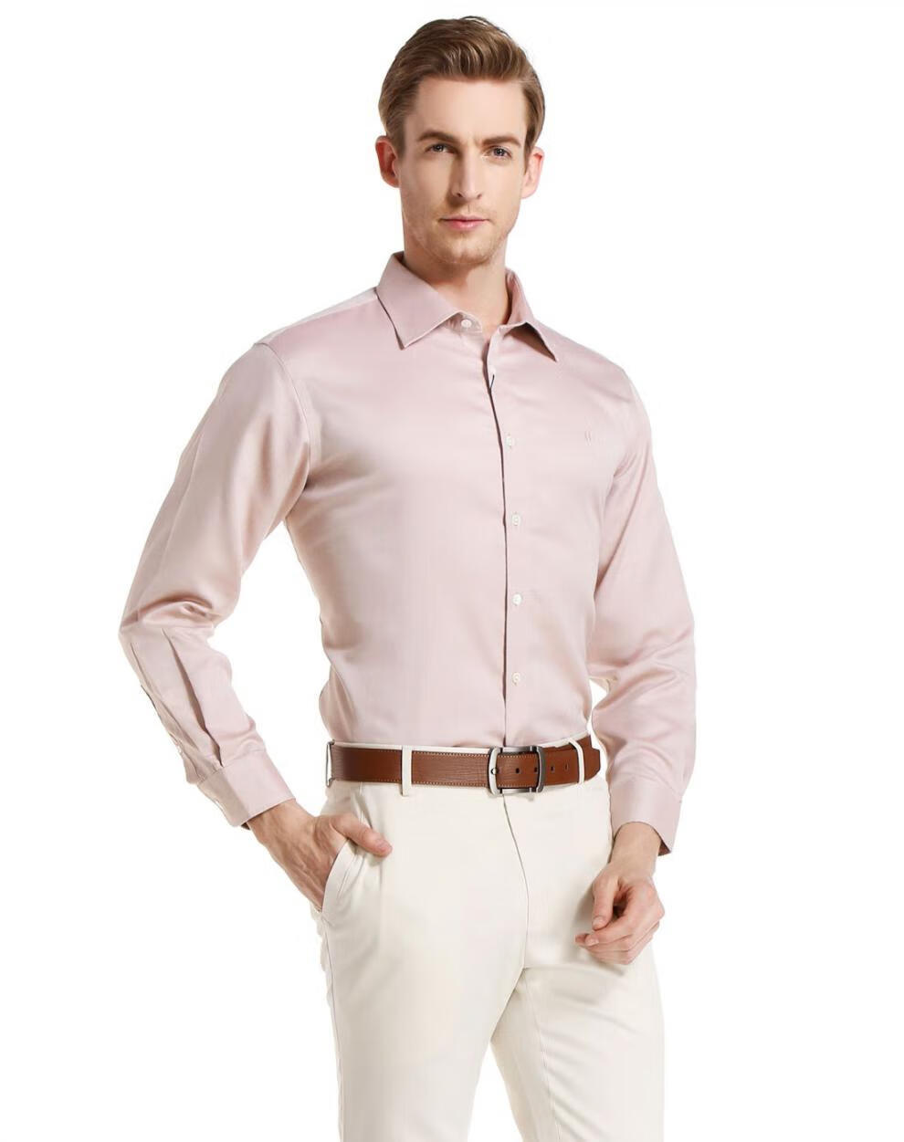 byford百富男装纯棉长袖免烫衬衣休闲衬衫-mw10693t 淡啡色 14.