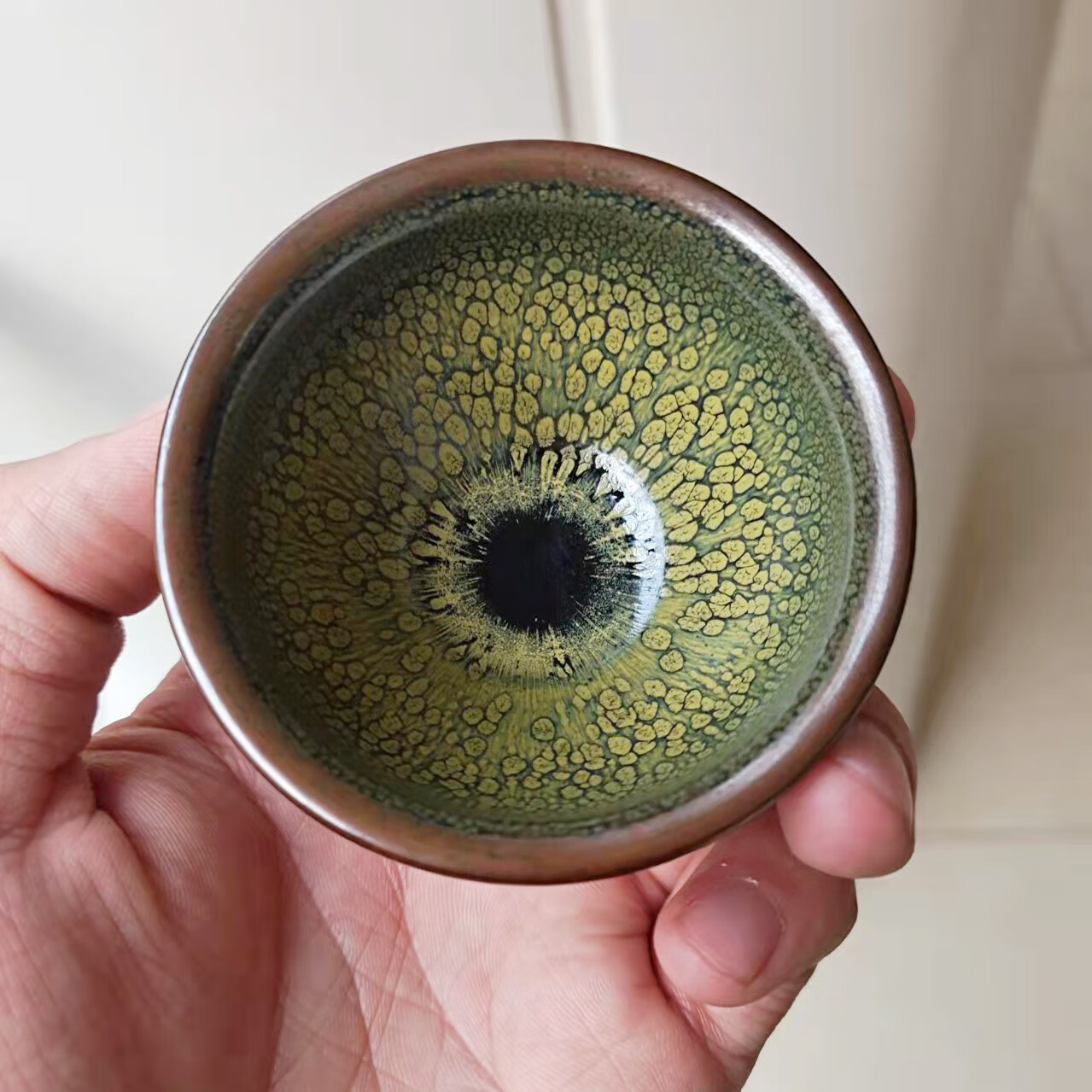 正宗建阳建窑大师纯手工烧制绿鹧鸪束口建盏主人杯茗品茶杯 绿鹧鸪束