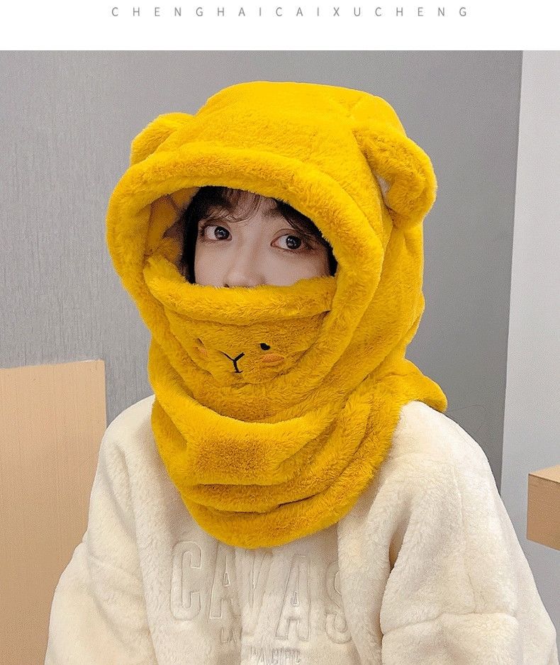 小熊头套围巾帽子围脖一体女冬小熊电动车秋冬季防风防寒保暖骑车防冻