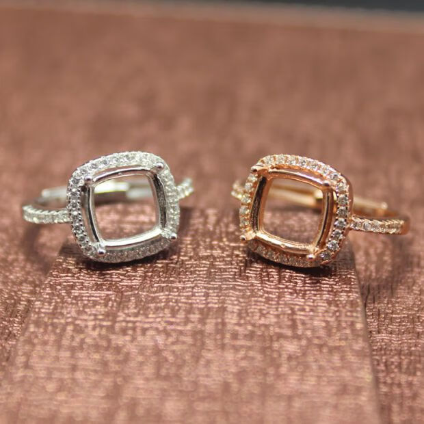 群镶钻戒正方形韩版时尚潮女款银戒托925银镀戒指空托 玫瑰金色(9x9mm