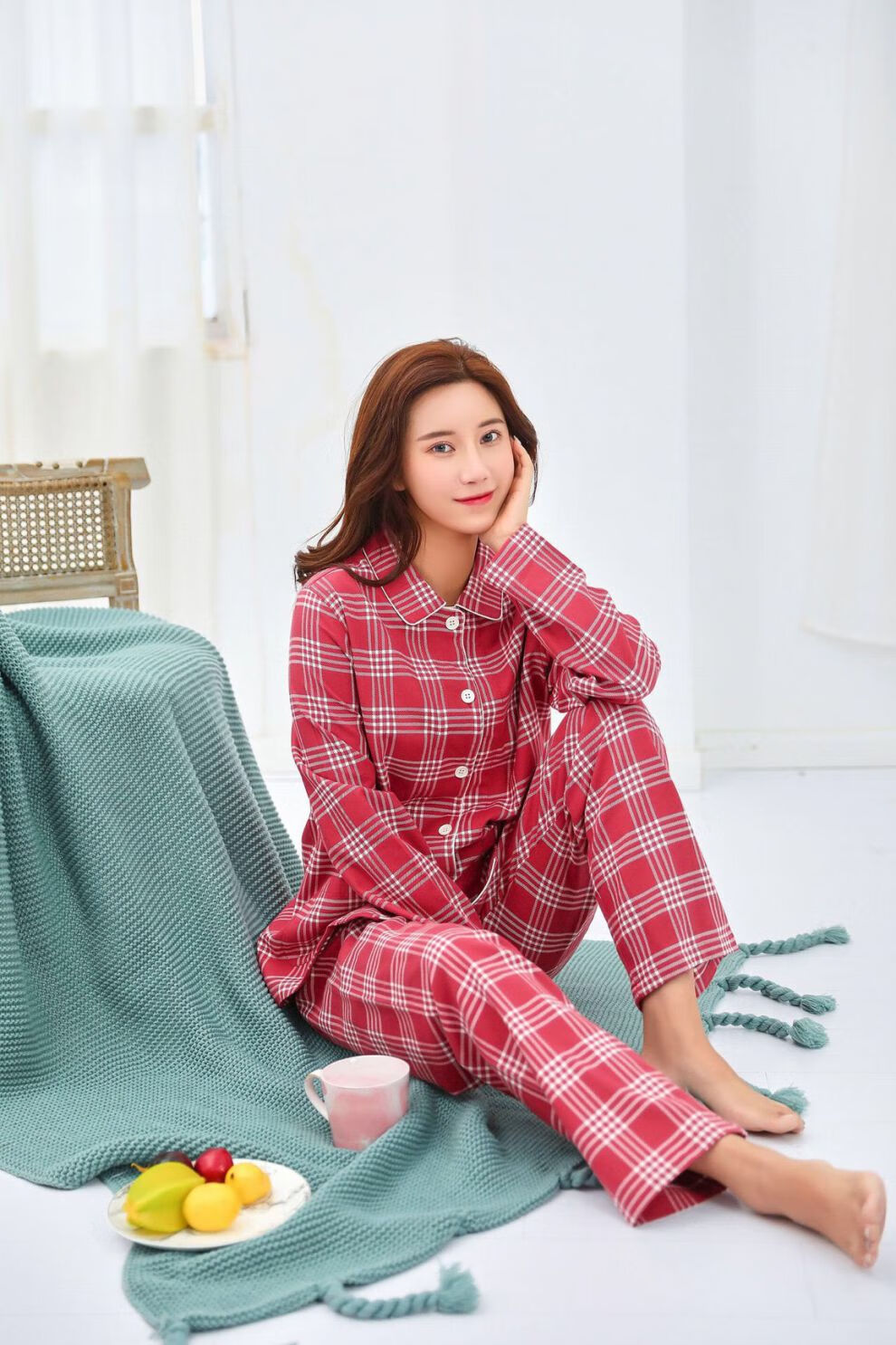 磨毛睡衣磨毛法兰绒无侧缝情侣款格子睡衣家居服套装 红格(女款) m