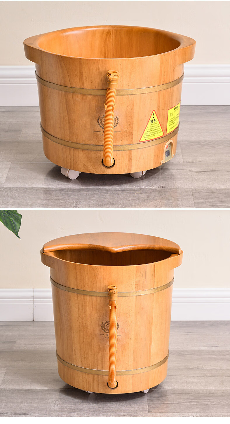 泡脚桶木质加热恒温泡脚盆按摩足浴桶家用木桶小腿洗脚桶智能30高双耳