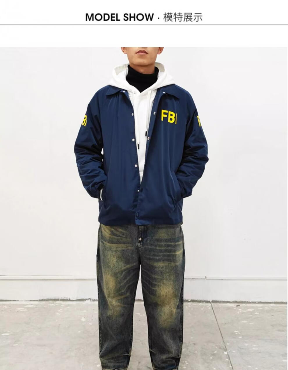 美式fbi衣服教练夹克男士春秋季外套棉服工装潮探员f标志风衣 深蓝色