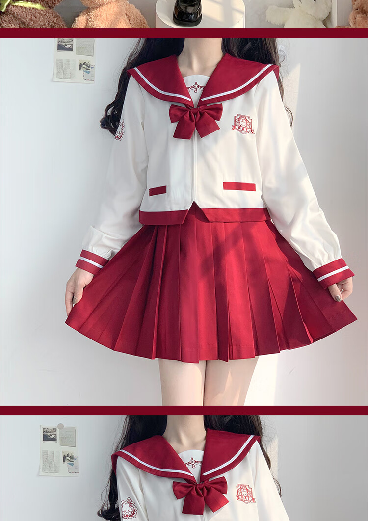神北jk原创塔日系jk制服秋冬季长袖短裙套装红色水手服塔长袖短裙领结
