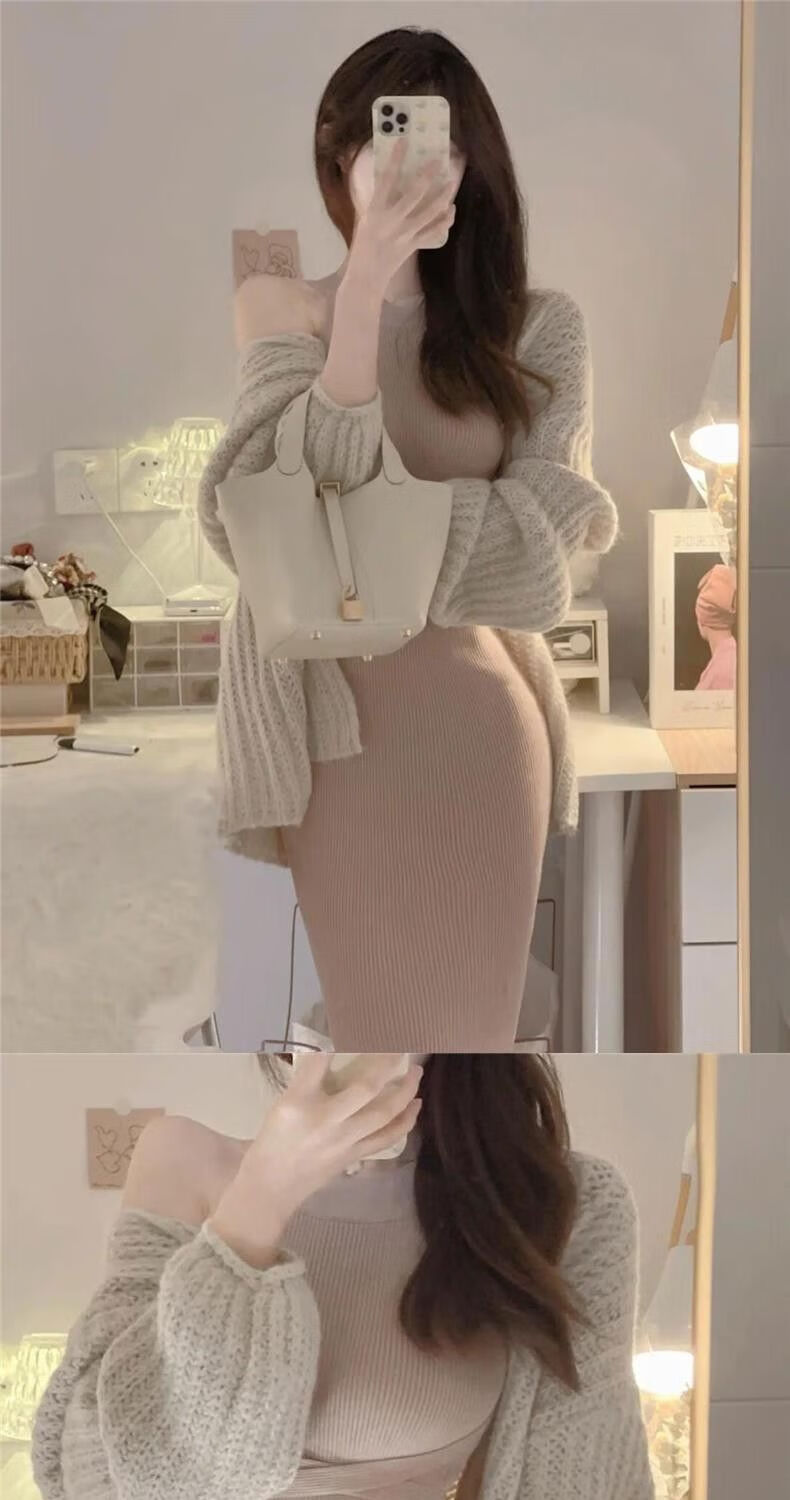 冬季加厚打底连衣裙女2021秋冬网红盐系穿搭炸街欲纯风气质女神范套装