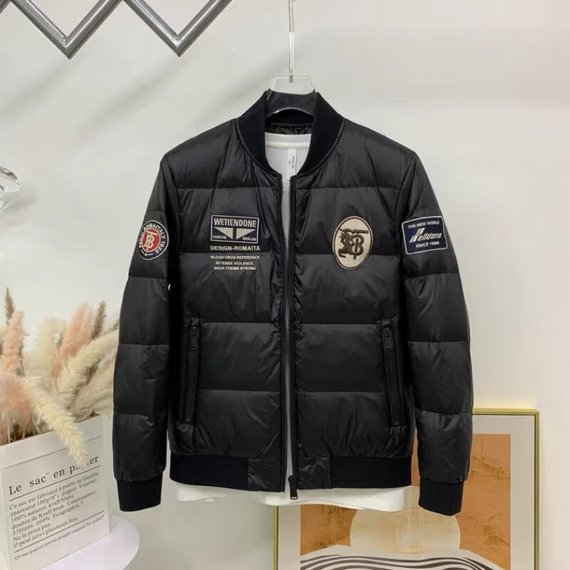 2021冬季精品潮牌男士短款棒球领羽绒服韩版潮流多标帅气时尚外套黑色