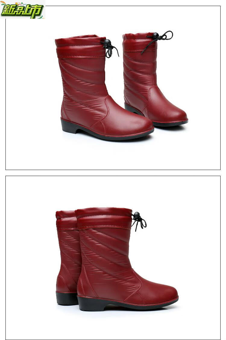 秋冬新款加绒加厚中筒雨靴女士仿皮纹雨鞋加绒工作水鞋皮纹红色加绒鞋