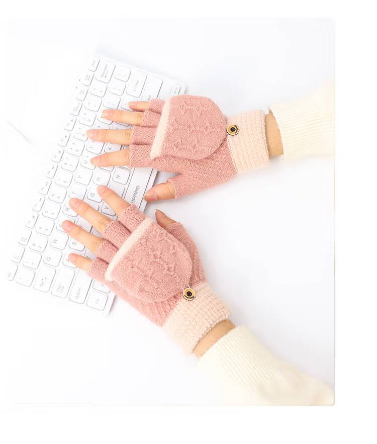 恒源祥翻盖半指手套女韩国版毛线针织加厚露指写字学生手套冬天秋冬季