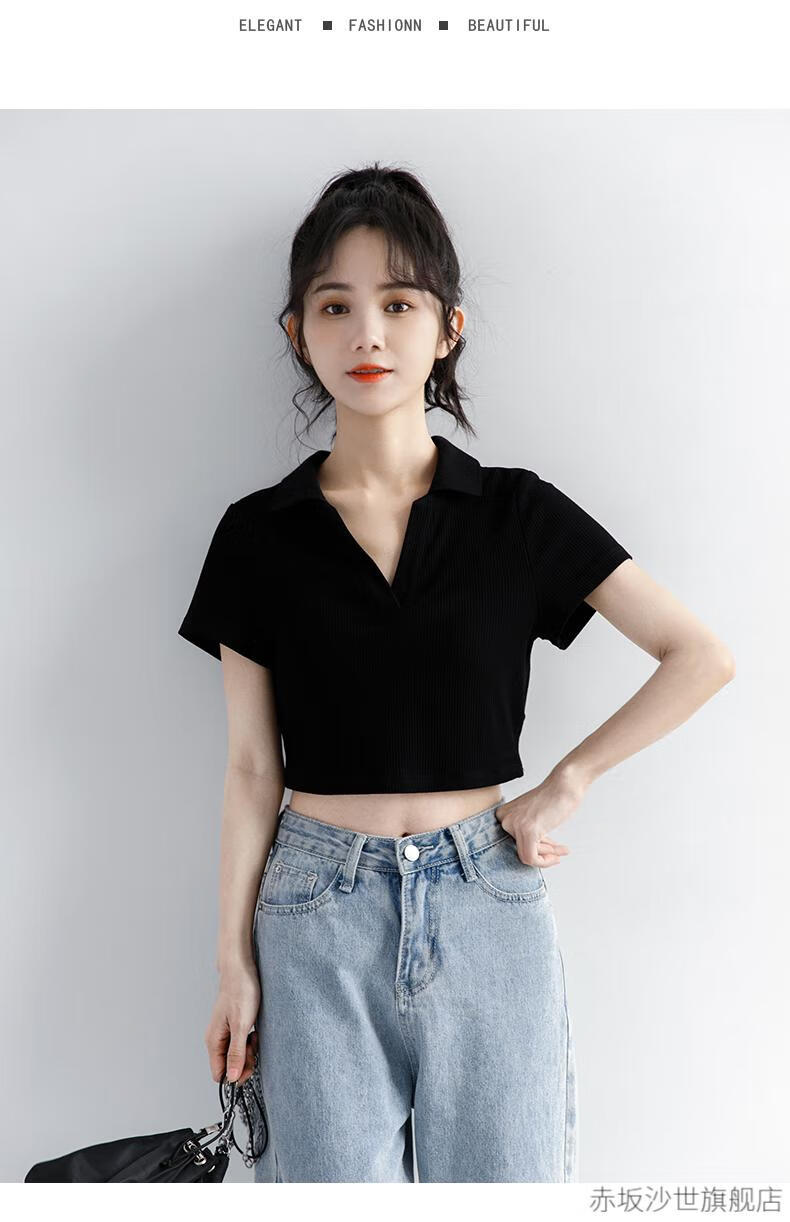有带领t恤女短袖学生高腰露脐短款上衣黑色修身polo衫超短t恤女黑色s