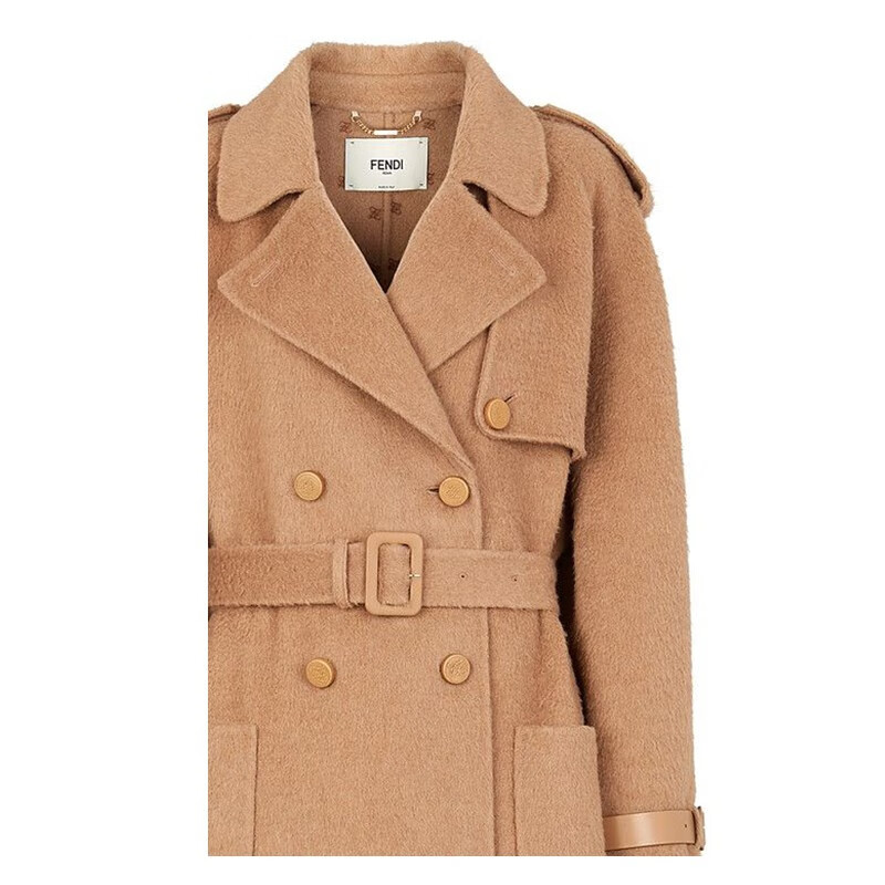 fendi芬迪女装外套长款风衣浅棕色骆驼毛双排扣大衣金属ff karli