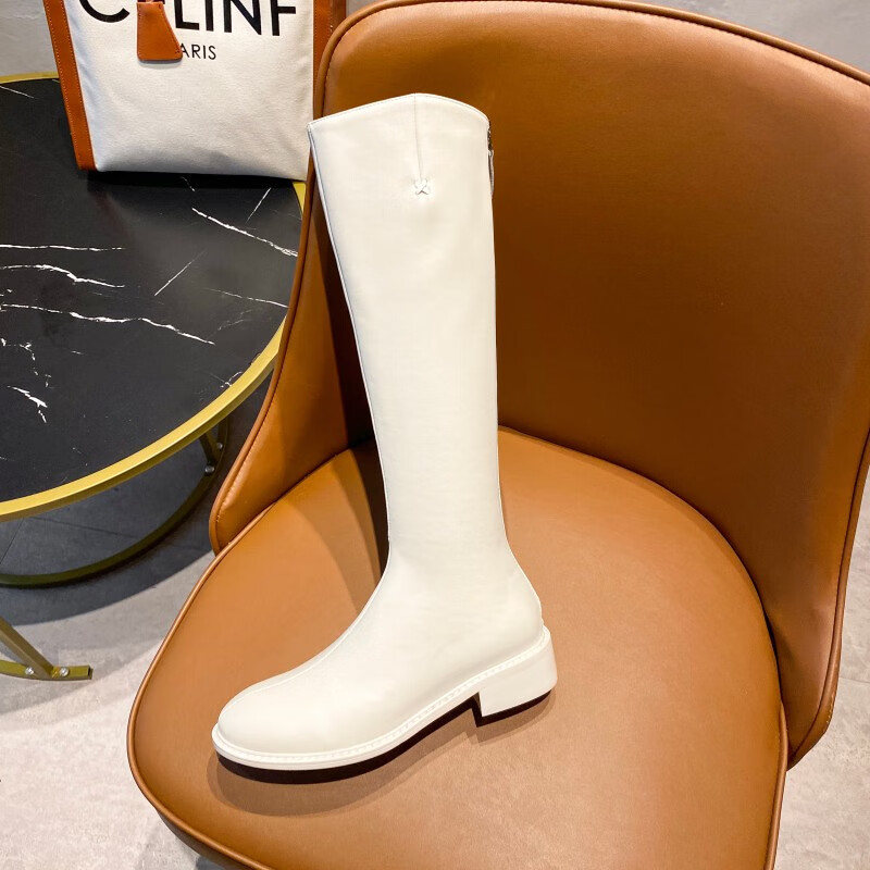 易晨欧美风 时尚新款圆头侧拉链长筒平底纯色骑士靴长靴 黑色 37