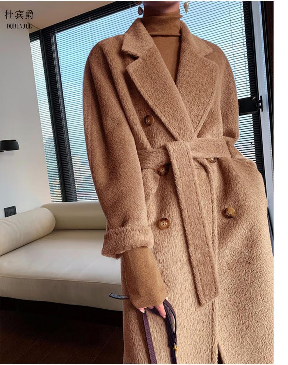 市产羊绒 女简约范2022年新款粉色苏丽羊驼绒大衣女阿尔巴卡苏力绒