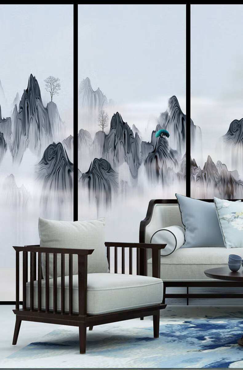 玻璃贴纸画不透光 推门窗户山水画移门磨砂玻璃贴纸定制贴窗纸遮光