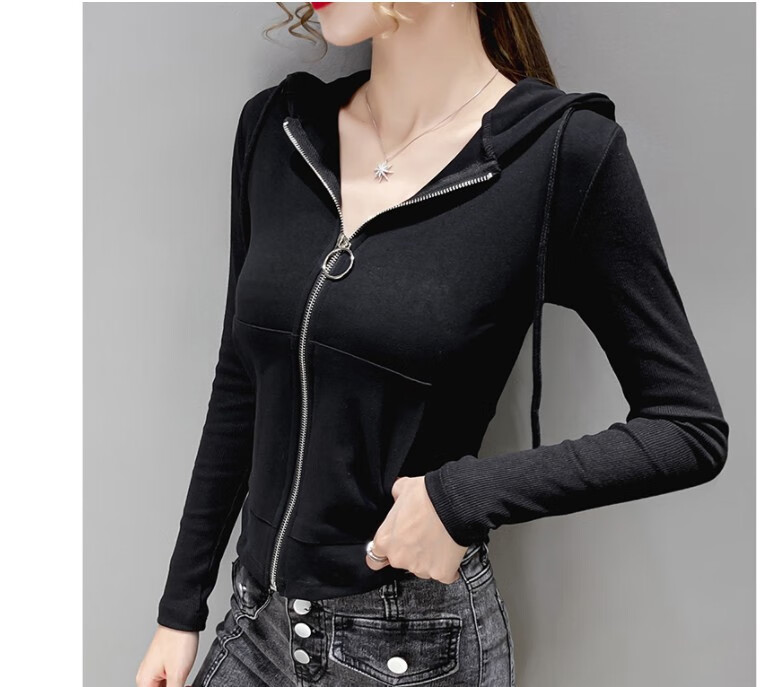 女士紧身拉链开衫紧身卫衣气质通勤秋装口袋外套女修身百搭帽衫显瘦外