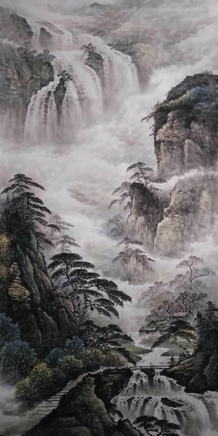 手画山水画国画手绘真迹字画书画作品未落款装裱画芯竖幅画心鸿运当头