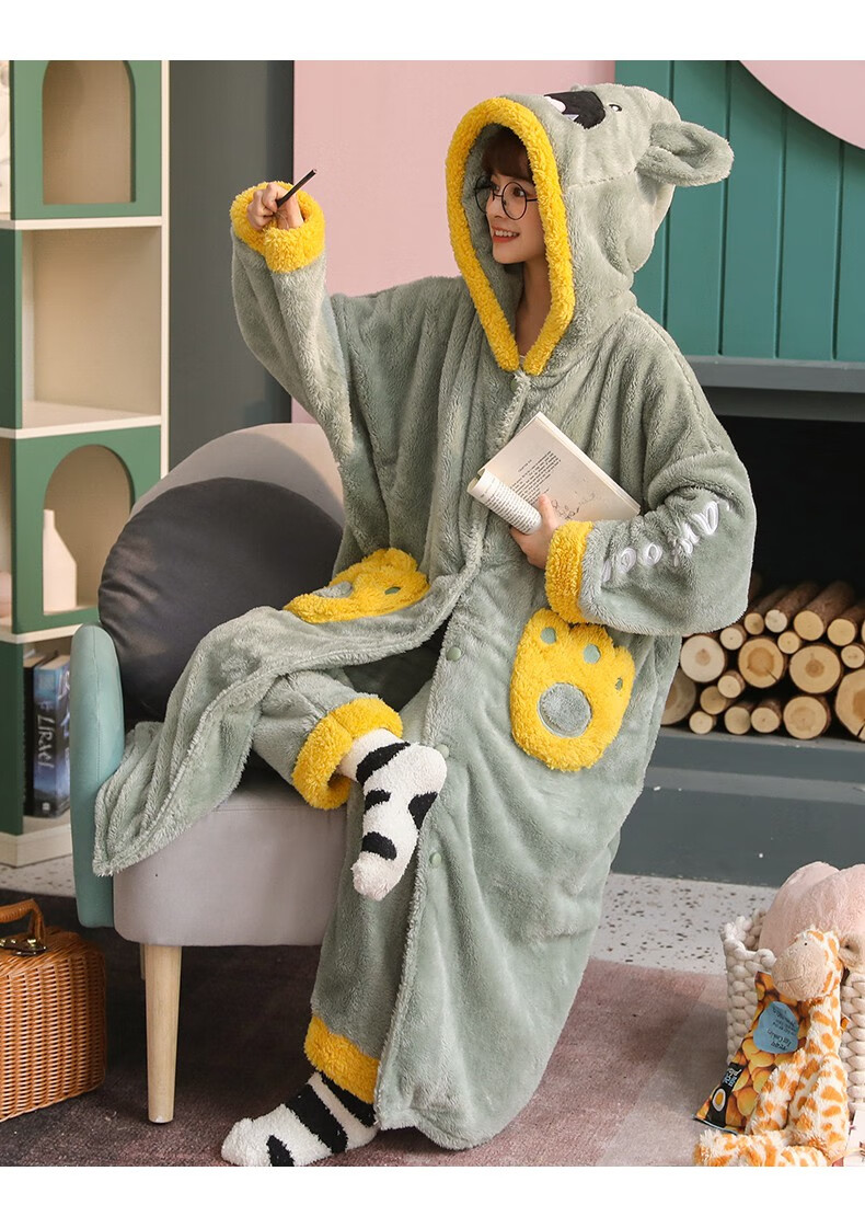 韩版动物毛茸茸睡衣女秋冬季可爱兔子耳朵加厚毛绒睡袍家居服套装j