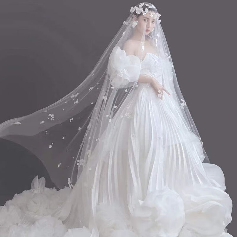 头纱新娘头纱主婚纱新娘白色长款拖尾森系花瓣超仙婚礼写真拍照道具